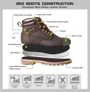 Brown Goodyear Welt Safety Cow Leather Shoes with Steel Toe and Midsole